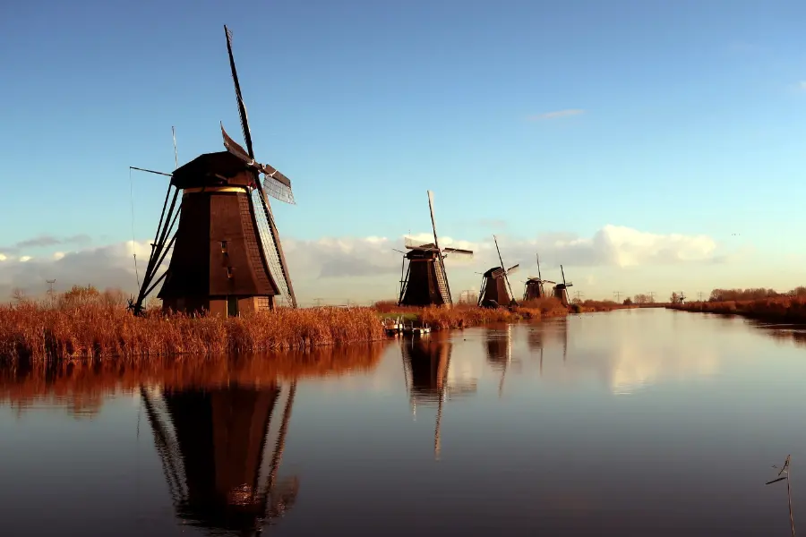 Mehrere traditionelle Windmühlen entlang eines ruhigen Kanals in den Niederlanden, gespiegelt im Wasser unter blauem Himmel.