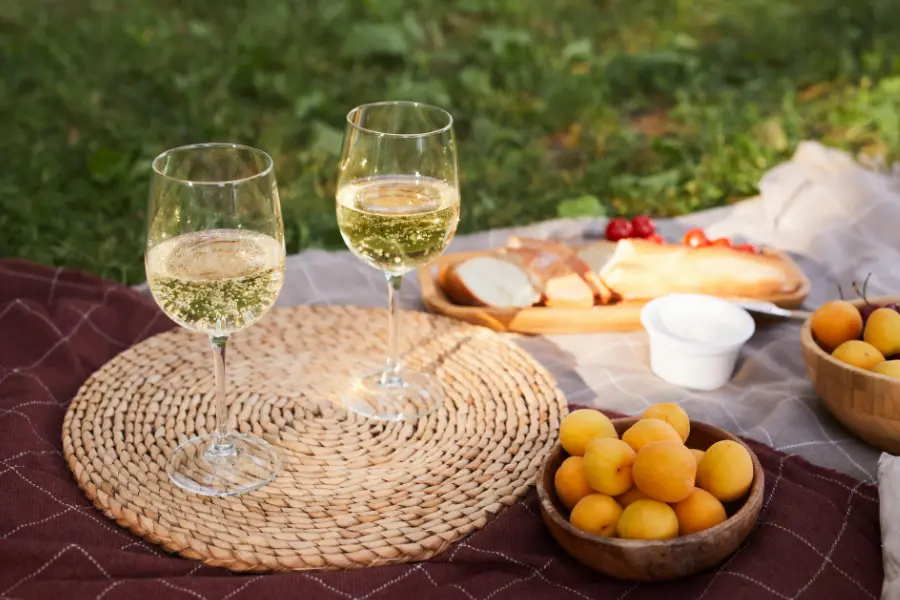 Rabatte Coupons Zwei Gläser Weißwein auf einer Picknickdecke mit Aprikosen, Brot und Käse im Grünen
