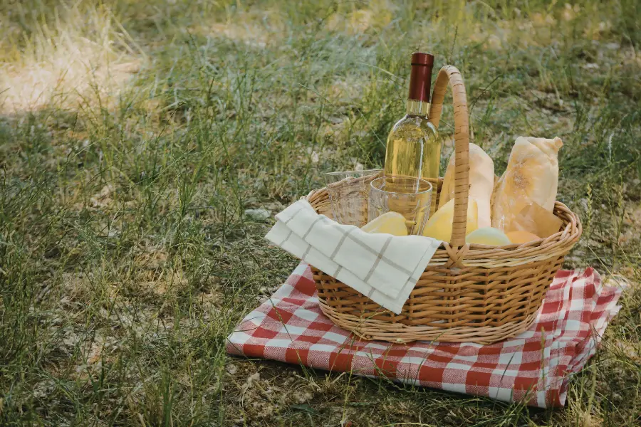 Rabattcoupons Picknickkorb mit Weinflasche, Gläsern und Baguette auf einer Decke im Grünen