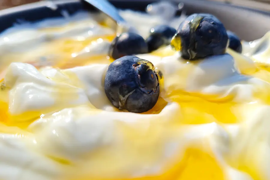 Nahaufnahme von weißem Skyr mit Blaubeeren und Honig getoppt.