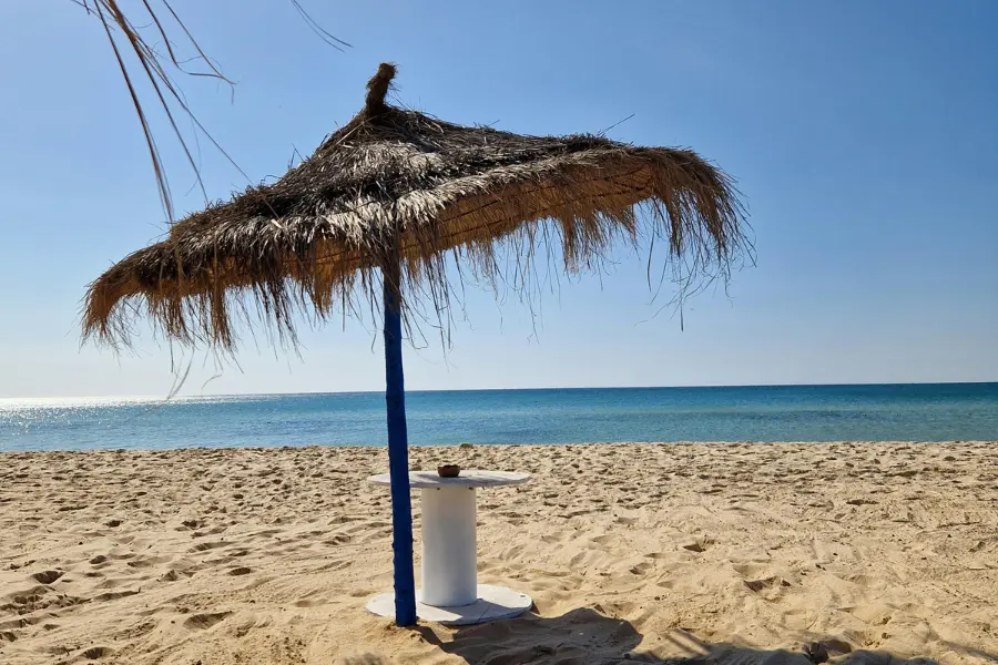 Straw beach umbrella on a sandy shore overlooking a calm blue sea under a clear sky.