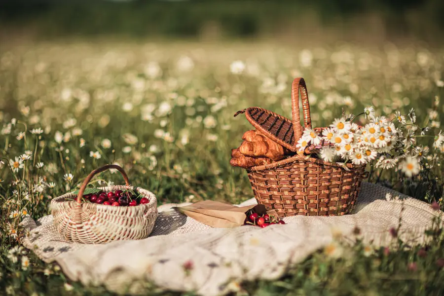 Picnic baskets with cherries, croissants, and daisies arranged on a blanket in a sunny meadow.