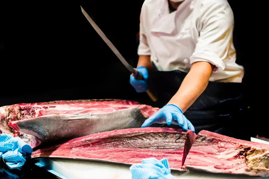 hef wearing gloves slicing a large fresh tuna with a long knife in a professional seafood preparation setting.