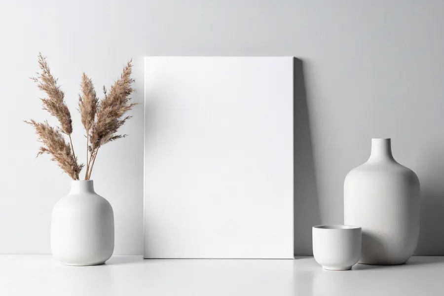 Schöne Wohntrends für 2021? Klar, mit dem essenza home Gutschein. Minimalist still life with a blank white canvas, white ceramic vases, a small cup, and dried pampas grass against a neutral wall.