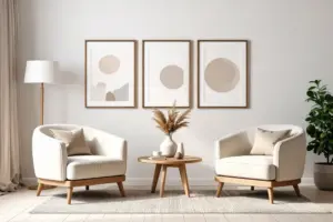 Minimalist living room with two white armchairs, a round wooden table, abstract wall art, a floor lamp, and a potted plant.