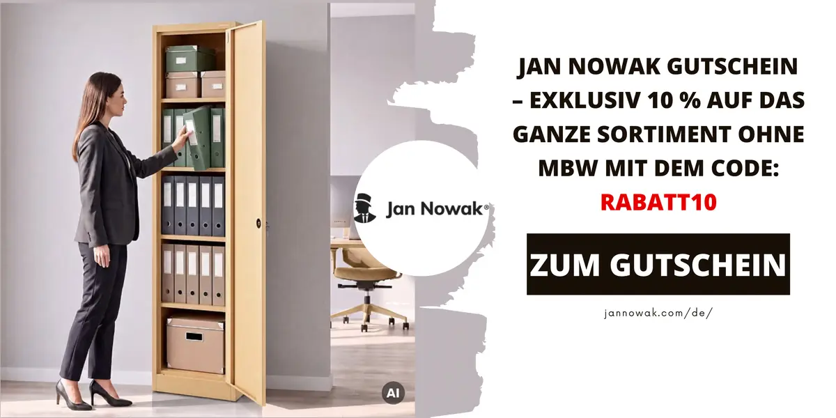 Frau vor einem hohen Aktenschrank mit Ordnern, daneben Hinweis auf einen Jan Nowak Gutschein mit 10 % Rabatt und dem Code RABATT10.