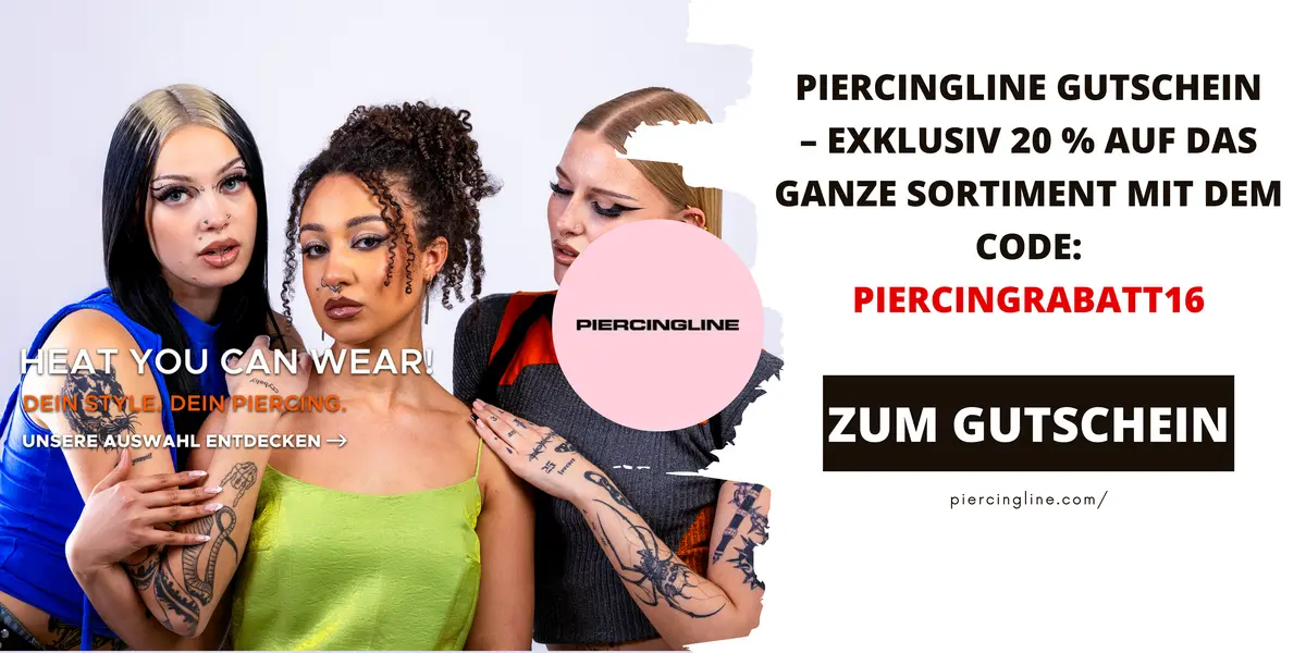 Piercingline Gutschein mit drei Models und Piercings – exklusiv 20 % Rabatt auf das gesamte Sortiment mit dem Gutscheincode PIERCINGRABATT16.