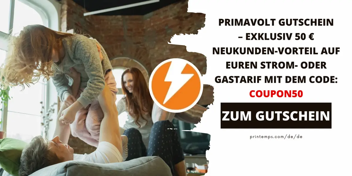 Familie verbringt gemeinsam Zeit im Wohnzimmer. Die Grafik bewirbt einen Primavolt Gutschein mit 50 € Neukunden-Vorteil auf Strom- oder Gastarife und dem Gutscheincode COUPON50.