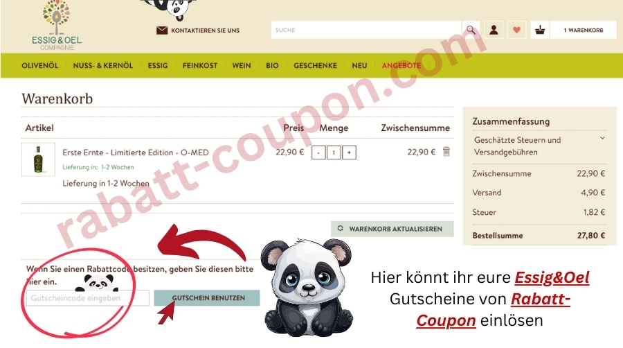 Essig & Oel Gutscheinfeld im Warenkorb mit markiertem Eingabefeld für Rabattcodes