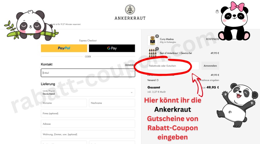 Ankerkraut Checkout mit markiertem Eingabefeld „Rabattcode oder Gutschein“ für Gutscheincodes.