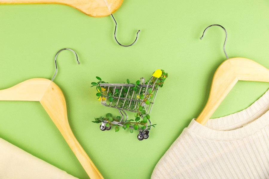 Nachhaltig Einkaufen: Onlineshopping im Einklang mit dem veganen Lifestyle 🌱 17 Einkaufswagen mit Pflanzen vor grünen Hintergrund, öko Kleidung