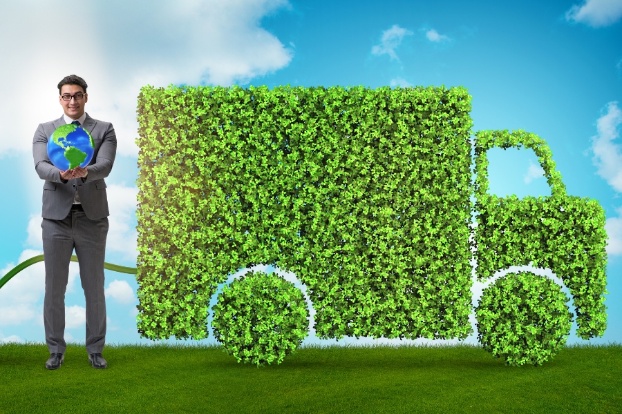Nachhaltig Einkaufen: Onlineshopping im Einklang mit dem veganen Lifestyle 🌱 16 LKW aus Blättern, grüne Energie, Mann hält die Welt fest