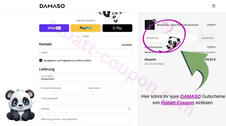 Im Checkout könnt ihr euren Rabatt-Coupon Code rechts unterhalb des Produktbildes eingeben.