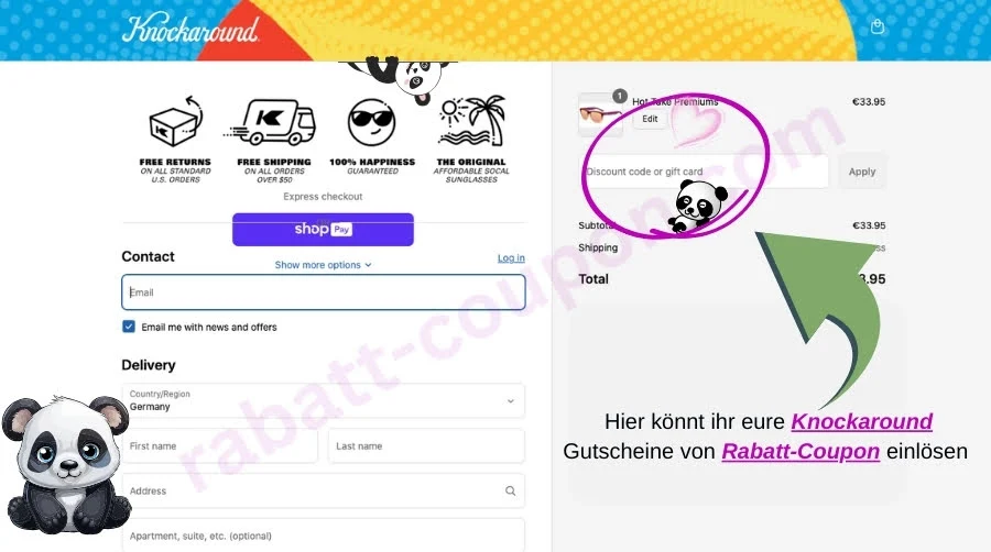 Das Bild zeigt die Checkout-Seite von **Knockaround**. Links befindet sich ein Formular zur Eingabe von E-Mail-Adresse und Lieferadresse. Oberhalb sind vier Icons mit Informationen zu Rückgabe, Versand, Zufriedenheitsgarantie und Originalität dargestellt. Rechts oben ist ein hervorgehobenes Feld zur Eingabe eines Rabattcodes oder einer Geschenkkarte sichtbar – markiert durch einen großen grünen Pfeil und einen pinken Kreis. Ein Panda-Icon weist zusätzlich auf das Eingabefeld hin. Darunter steht der Hinweis: *„Hier könnt ihr eure Knockaround Gutscheine von Rabatt-Coupon einlösen“*, wobei **Knockaround** und **Rabatt-Coupon** farblich hervorgehoben sind.