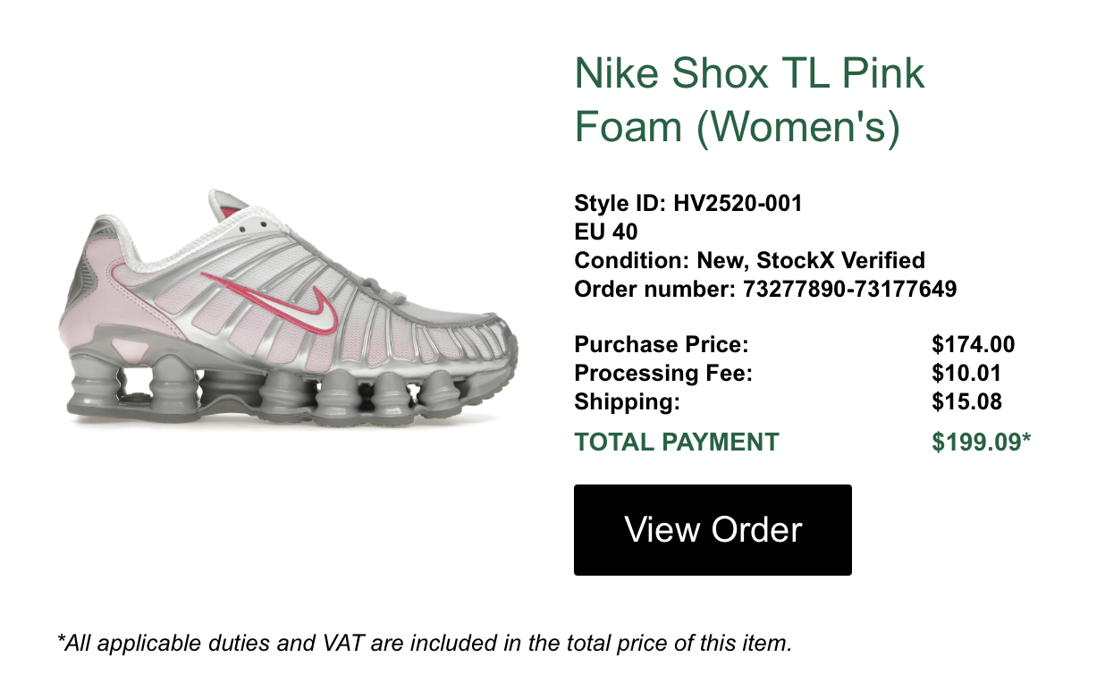 Screenshot zur Preiszusammensetzung von StockX am Beispiel eines Nike Shox Neakers.