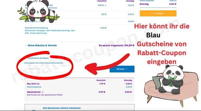 Der Screenshot weist dich, mit Hilfe von Text, einem Pfeil, undd einem roten Kreis darauf hin, wo du im Warenkorb von Blau deinen Gutscheincode anwenden kannst. Hier auf der linken Seite