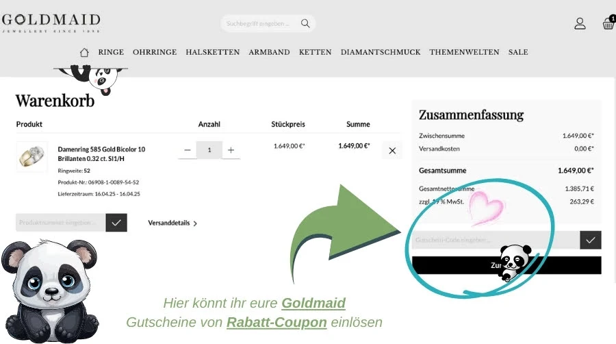 Das Bild zeigt den Warenkorb im Online-Shop von **Goldmaid**. Rechts unten befindet sich ein Feld zur Eingabe von **Rabatt-Codes**, das mit einem Panda und einem Herz hervorgehoben ist. Darunter steht der Hinweis, dass ihr dort eure **Goldmaid Gutscheine von Rabatt-Coupon** einlösen könnt.