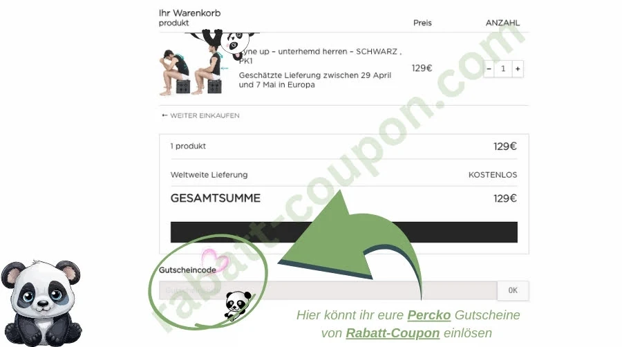 Der Screenshot zeigt den Warenkorb bei percko mit einem Unterhemd für Herren zum Preis von 129 €. Rechts unten ist ein Feld zur Eingabe eines Gutscheincodes markiert, begleitet von einem grünen Pfeil und einem Panda-Symbol. Darunter steht der Hinweis, dass man hier Gutscheine von Rabatt-Coupon einlösen kann.