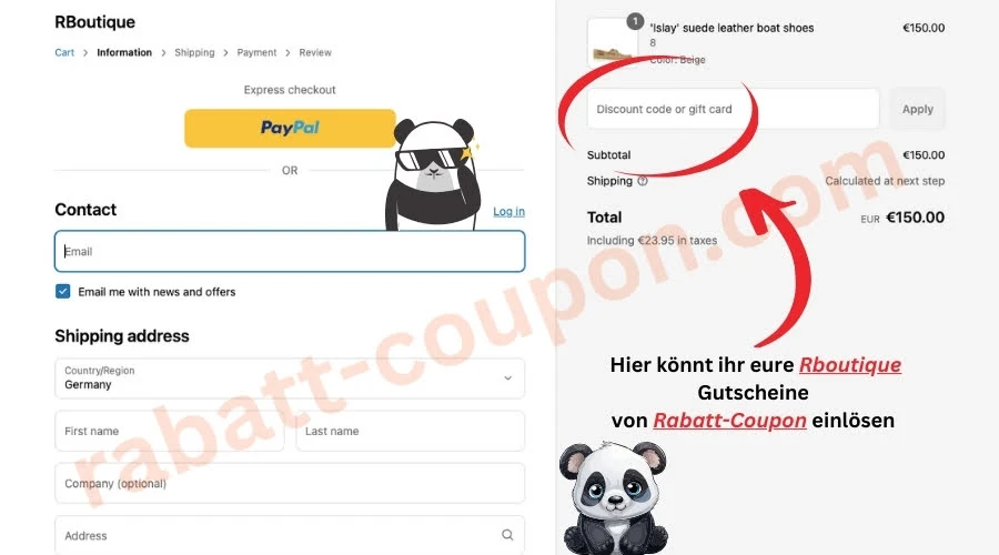 Screenshot des Warenkorbs von Rboutique. Hier wird dir anhand von einem roten Pfeil und einem rotem Kreis gezeigt, wo du deine Rboutique Gutscheine von Rabatt-Coupon einlösen kannst. Hier oben rechts.