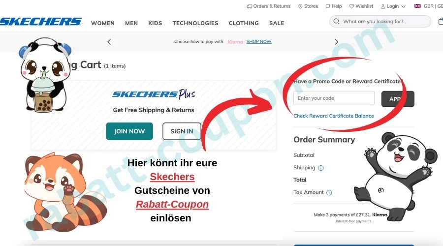 Warenkorb-Seite im Skechers-Onlineshop mit markiertem Feld zur Eingabe eines Rabattcodes. Ein roter Pfeil zeigt auf das Feld „Enter your code“. Panda- und roter Panda-Illustrationen rahmen das Bild. Text: „Hier könnt ihr eure Skechers Gutscheine von Rabatt-Coupon einlösen“.