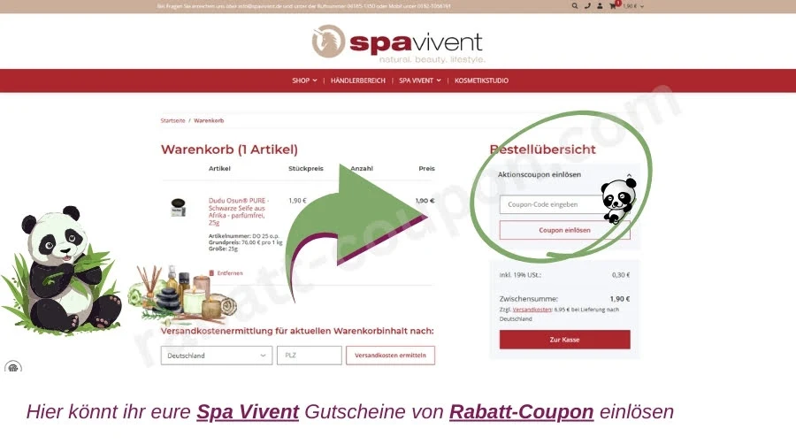 Ihr seht den Warenkorb des online-Handels Spa Vivent in dem ihr rechts oben euren Gutschein von Rabatt-Coupon.com einlösen könnt.