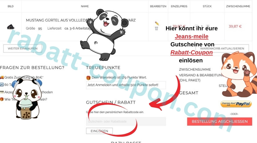 jeans-meile.de Warenkorb mit Eingabefeld für Gutschein- und Rabattcodes sowie Hinweis zur Einlösung des Gutscheins.