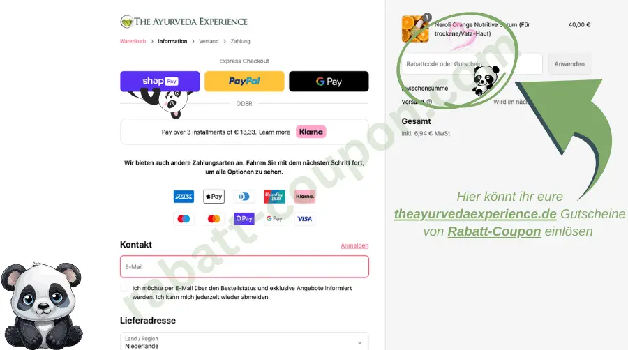 Das Bild zeigt den Bezahlvorgang im Online-Shop von theayurvedaexperience.de. Rechts oben befindet sich ein Feld zur Eingabe eines Gutscheincodes, markiert mit einem grünen Kreis und einem Pfeil. Darunter steht: *„Hier könnt ihr eure theayurvedaexperience.de Gutscheine von Rabatt-Coupon einlösen“*, begleitet von einem Panda-Icon.