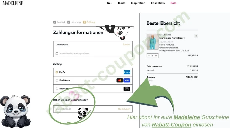 Das Bild zeigt die Zahlungsübersicht auf der Madeleine-Website, wo der Kunde seine Zahlungsoptionen auswählen kann. In der unteren linken Ecke ist ein Gutscheincode-Feld markiert, in das der Rabatt-Coupon eingegeben werden kann. Auf der rechten Seite sieht man eine Bestellübersicht mit den Details zur Bestellung, dem Preis und dem voraussichtlichen Lieferdatum. 