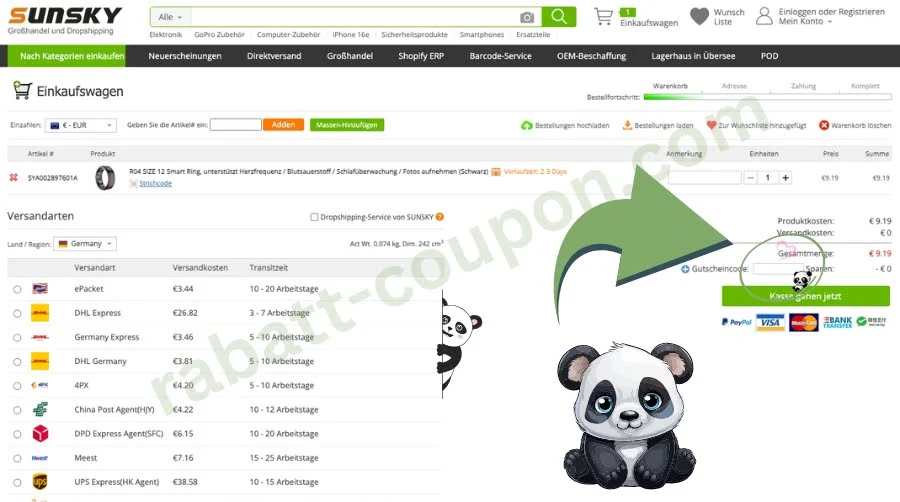 Das Bild zeigt den Einkaufswagen bei Sunsky-Online, einem Shop für Elektronik, Zubehör und Großhandelsangebote. Im rechten Bereich ist das Feld zur Eingabe eines Gutscheincodes mit grünem Pfeil und Panda deutlich hervorgehoben. Darunter befindet sich der Button „Zur Kasse gehen“ sowie Logos von gängigen Zahlungsmethoden.