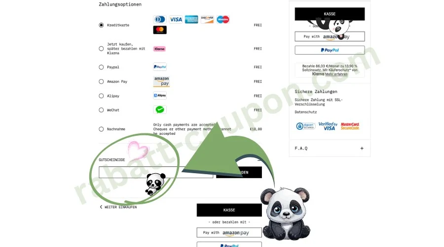 Das Bild zeigt die Zahlungsseite des Onlineshops LN-CC mit verschiedenen Zahlungsmethoden wie Kreditkarte, Klarna, PayPal, Amazon Pay, Alipay und Bitpay. Ein großer grüner Pfeil weist deutlich auf ein Eingabefeld für den Gutscheincode hin, das mit einem Panda und einem Herz-Symbol markiert ist. Darunter befindet sich die Schaltfläche zum Weiterkaufen oder zur Kasse.