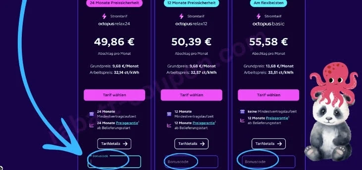Das Bild zeigt drei Stromtarife von **octopus energy** im Vergleich: Links „octopus relax24“ mit **49,86 €** monatlich und 24 Monaten Preisgarantie. In der Mitte „octopus relax12“ für **50,39 €** mit 12 Monaten Preisgarantie. Rechts der flexibelste Tarif „octopus basic“ für **55,58 €**, monatlich kündbar. Alle Tarife bieten ein Eingabefeld für einen **Bonuscode**, um zusätzlich zu sparen.