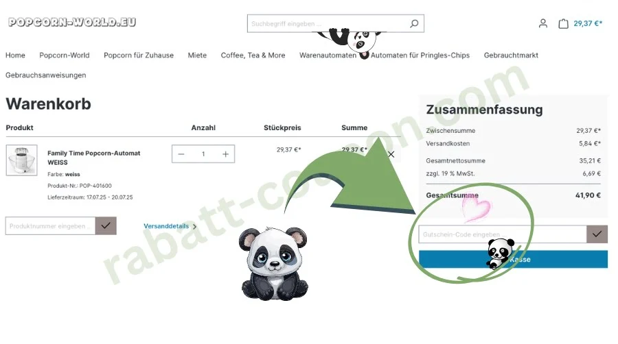Das Bild zeigt den Warenkorb von Popcorn-World.eu mit einem weißen Popcorn-Automaten im Wert von 29,37 €. Ein Panda-Logo und ein Hinweis auf das Gutscheinfeld sind auf der rechten Seite des Warenkorbs sichtbar. Die Gesamtzahlung beträgt 41,90 €, inklusive Versandkosten und Mehrwertsteuer.