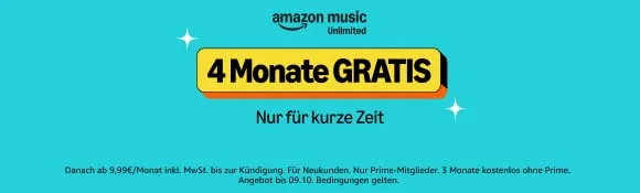 Grafik mit dem Text „Amazon Music Unlimited – 4 Monate GRATIS, nur für kurze Zeit“ auf gelbem Hintergrund mit türkisfarbenem Rahmen. Kleine Sternsymbole umrahmen die Hervorhebung.