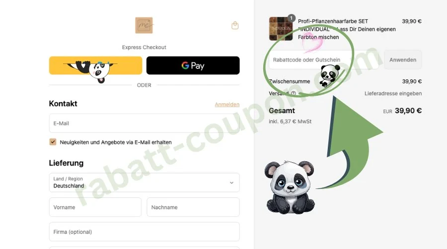 Das Bild zeigt den Checkout-Bereich von „Thats me organic“. Links sind Eingabefelder für Kontakt und Lieferadresse zu sehen, rechts der Warenkorb mit einem Hinweisfeld für „Rabattcode oder Gutschein“. Mehrere Panda-Grafiken heben den Gutscheinbereich optisch hervor.
