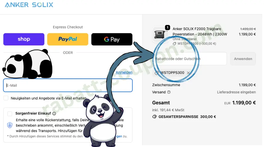 Das Bild zeigt eine Online-Bestellseite von Anker Solix. Links ist der Express-Checkout mit den Buttons für Shop Pay, PayPal und Google Pay zu sehen. Rechts weist ein Pfeil auf ein Feld mit der Aufschrift „Rabattcode oder Gutschein“ hin, in das ein Panda fröhlich zeigt.