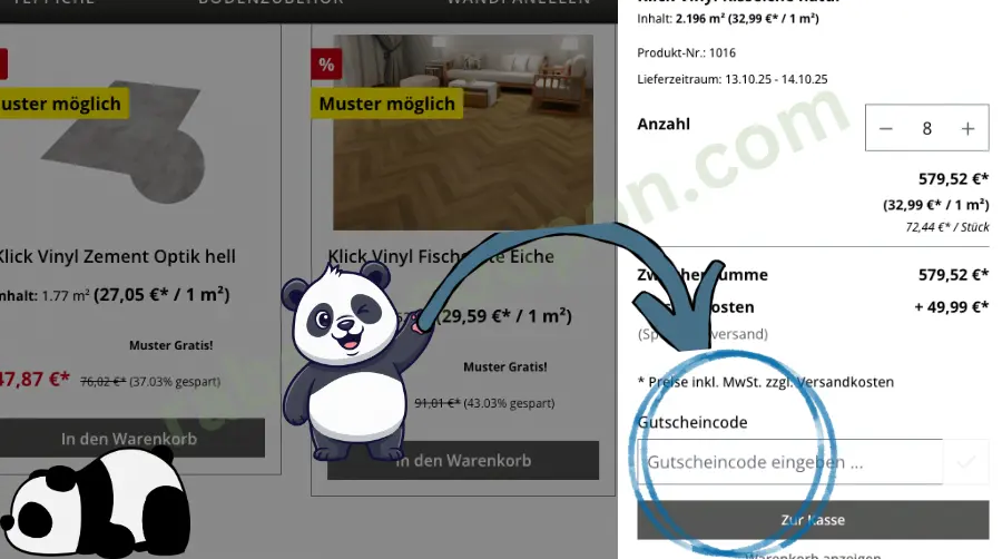 Das Bild zeigt den Warenkorb im Onlineshop von Bodenservice24.de. Rechts ist das Feld zur Eingabe eines Gutscheincodes blau markiert, daneben stehen Preisangaben und Bestellinformationen. Zwei Panda-Grafiken und ein blauer Pfeil lenken den Blick auf das Gutscheinfeld.