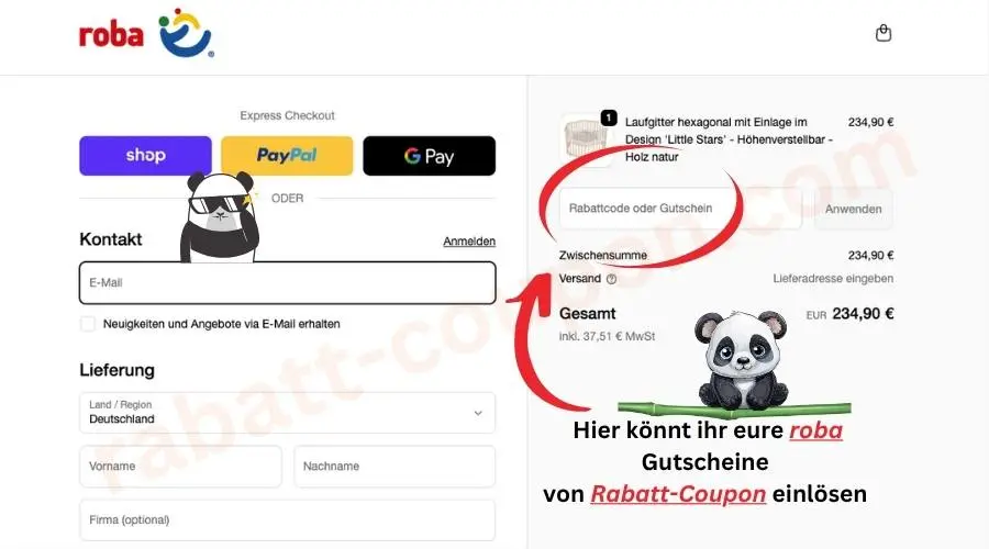 Das Bild zeigt den Checkout-Bereich des roba Onlineshops. Im rechten Teil der Seite ist das Eingabefeld für Gutscheincodes („Rabattcode oder Gutschein“) hervorgehoben und mit einem roten Pfeil markiert. Links und rechts daneben sind zwei gezeichnete Pandas zu sehen. Darunter ein Hinweistext: „Hier könnt ihr eure roba Gutscheine von Rabatt‑Coupon einlösen“.