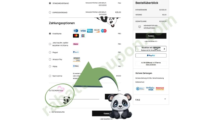 Das Bild zeigt eine Online-Kasse, in der verschiedene Zahlungsarten wie Kreditkarte, Paypal, Amazon Pay und Klarna angezeigt werden. Unten links ist ein Feld zur Eingabe eines Gutscheincodes markiert und mit einem großen grünen Pfeil hervorgehoben. Rechts befindet sich der Bestellüberblick mit Warenkorb, Gesamtsumme und Button zur Kasse. 
