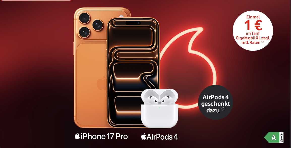 Tarif-Tipp zum iPhone 17 Pro: GigaMobil XL mit unbegrenztem Datenvolumen.1 Jetzt als Black Week Deal für nur 34,99 € statt 79,99 € pro Monat – 24 Monate lang.1,3 Und AirPods 4 im Wert von 149 € gibt’s dann geschenkt dazu.1,2