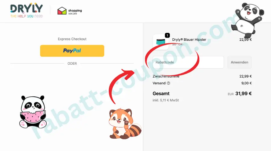 Zu sehen ist der Warenkorb im Onlineshop von Dryly mit einer Übersicht des ausgewählten Produkts und dem Gesamtpreis. Rechts befindet sich ein deutlich markiertes Eingabefeld für einen Rabattcode, das mit einem roten Kreis hervorgehoben ist. Oben sind Zahlungsoptionen wie PayPal sichtbar, darunter wird der Gesamtbetrag inklusive Versand und Mehrwertsteuer angezeigt.
