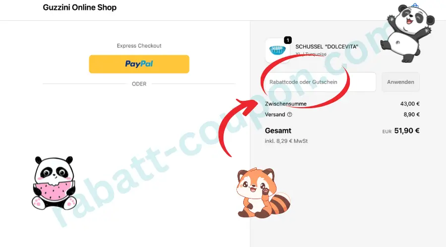 Das Bild zeigt den Checkout-Bereich des guzzini Online Shops mit einer Produktübersicht auf der rechten Seite. Dort sind ein Eingabefeld für Rabattcode oder Gutschein, die Zwischensumme, Versandkosten und der Gesamtpreis sichtbar. Links befindet sich der Express-Checkout mit PayPal sowie ein leerer Bereich für alternative Zahlungsoptionen. 