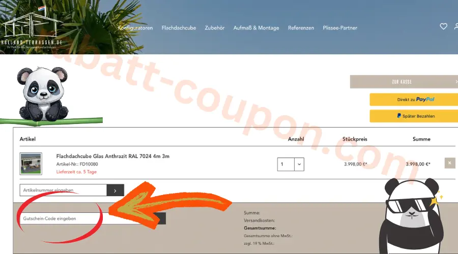 Holland Terrassen Warenkorb mit Eingabefeld für Gutschein Code im Checkout Bereich