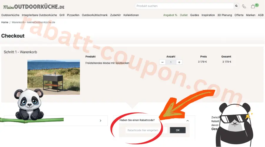 MeineOutdoorkueche.de Checkout mit markiertem Rabattcode-Feld im Warenkorb