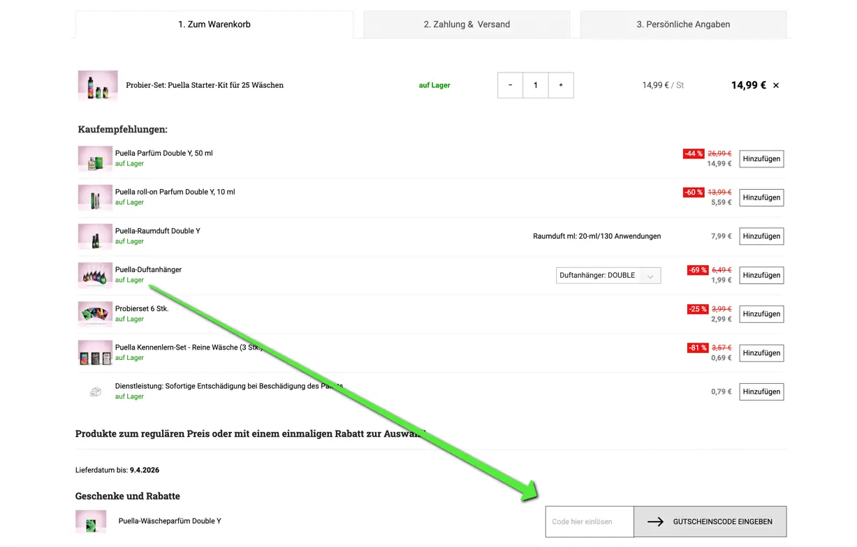 Screenshot des Puella Warenkorbs mit Feld zur Eingabe eines Gutscheincodes im Checkout.