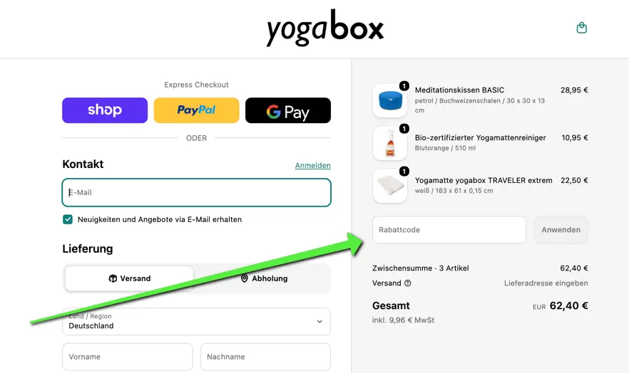 Screenshot des yogabox Checkouts mit Eingabefeld für einen Rabattcode zur Einlösung eines Gutscheins.