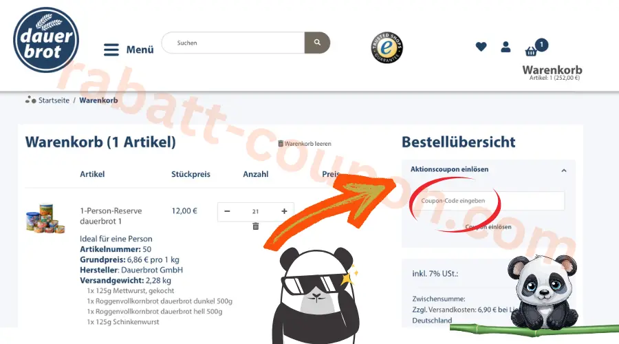 Dauerbrot Warenkorb mit markiertem Coupon-Code-Feld im Bestellbereich