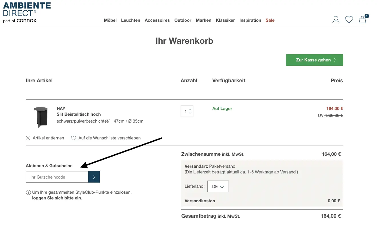 AmbienteDirect Warenkorb mit Gutscheincode-Feld unter „Aktionen & Gutscheine“ zum Einlösen eines Rabattcodes