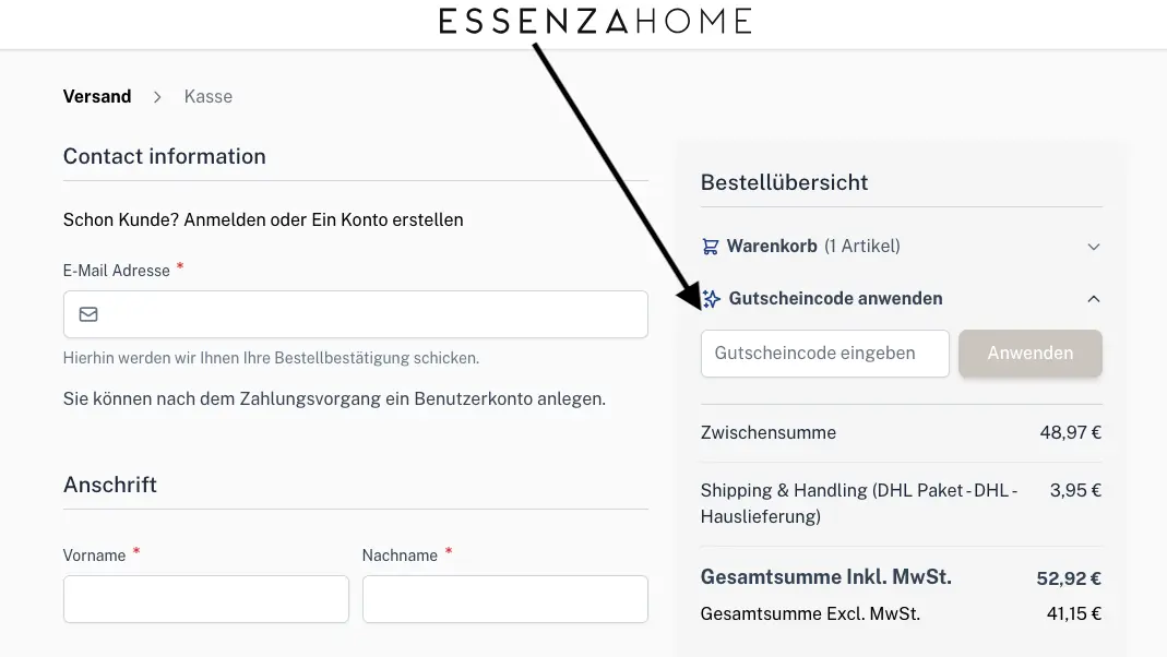 Essenza Home Checkout mit Eingabefeld für einen Gutscheincode in der Bestellübersicht