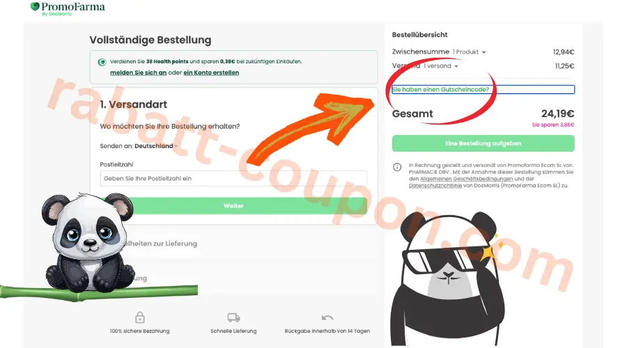 PromoFarma Gutscheincode im Checkout mit markiertem Eingabefeld für Rabattcodes