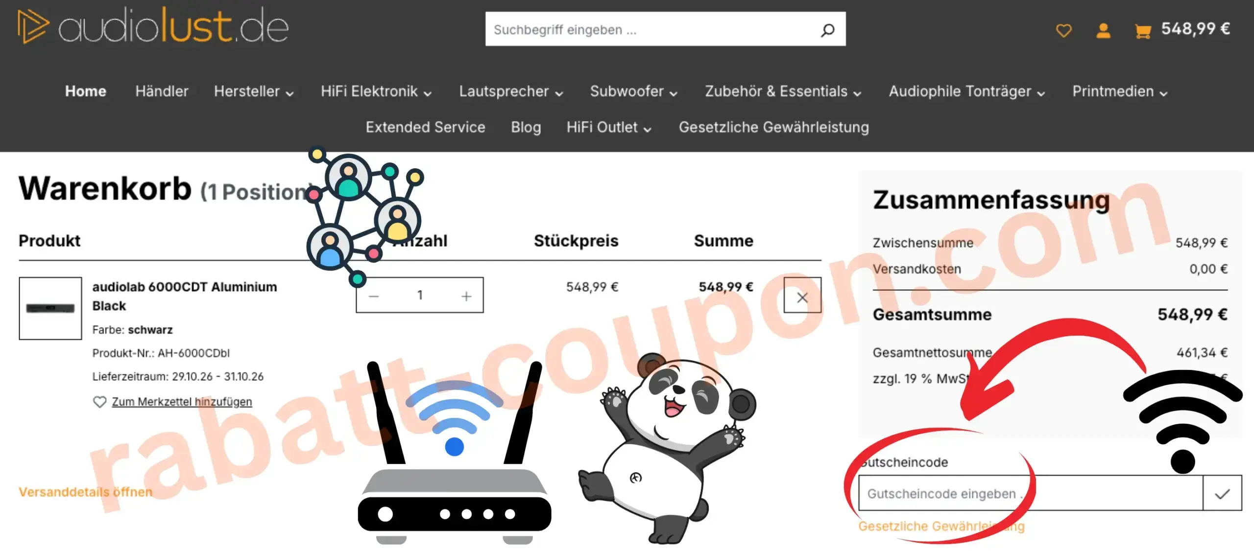 Audiolust Warenkorb mit rot markiertem Gutscheincode-Feld unter der Bestellzusammenfassung und einer Schaltfläche mit Häkchen zum Einlösen.